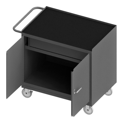 Durham Mfg Heavy-Duty Steel Mobile Bench Cabinet, 1 Drawer, Black Rubber Mat, 2 Doors, 24-1/4"W x 42-1/8"D x 36-3/8"H, Gray, DM-3115-RM-95 (1/Ea)