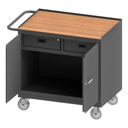 Durham Mfg Heavy-Duty Steel Mobile Bench Cabinet, 2 Drawer, Hard Board Top, 2 Doors, 24-1/4"W x 42-1/8"D x 36-3/8"H, Gray, DM-3116-TH-95 (1/Ea)