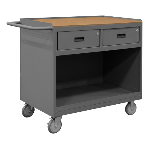 Durham Mfg Heavy-Duty Steel Mobile Bench Cabinet, Lip Down, Hard Board Top, 2 Drawers, No Doors, 24-1/4"W x 42-1/8"D x 36-3/8"H, Gray, DM-3117-TH-95 (1/Ea) Durham Mfg Heavy-Duty Steel Mobile Bench Cabinet, Lip Down, Hard Board Top, 2 Drawers, No Doors, 24-1/4"W x 42-1/8"D x 36-3/8"H, Gray, DM-3117-TH-95 (1/Ea)