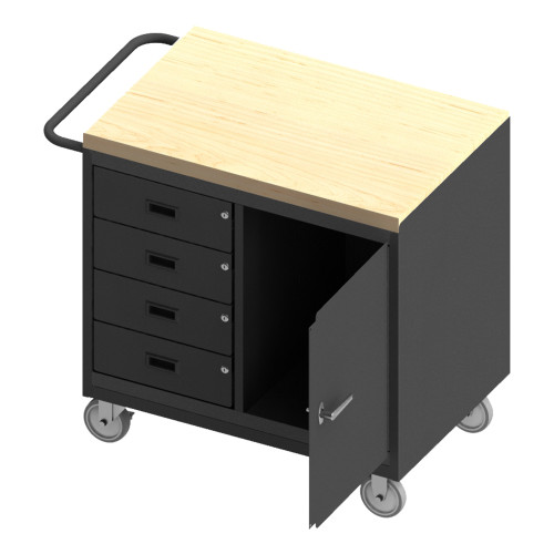 Durham Mfg Heavy-Duty Steel Mobile Bench Cabinet, Maple Top, 4 Drawers, 1 Door, 24-1/4"W x 42-1/8"D x 37-1/8"H, Gray, DM-3121-MT-95 (1/Ea)