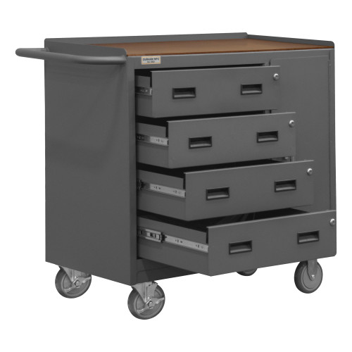 Durham Mfg Heavy-Duty Steel Mobile Bench Cabinet, Hard Board, 4 Drawers, 1 Door, 24-1/4"W x 42-1/8"D x 36-3/8"H, Gray, DM-3121-TH-95 (1/Ea) Durham Mfg Heavy-Duty Steel Mobile Bench Cabinet, Hard Board, 4 Drawers, 1 Door, 24-1/4"W x 42-1/8"D x 36-3/8"H, Gray, DM-3121-TH-95 (1/Ea)