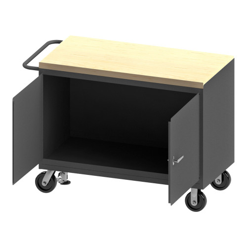 Durham Mfg Heavy-Duty Steel Mobile Bench Cabinet, Maple Top, 2 Doors, 24-1/4"W x 54-1/8"D x 37-3/4"H, Gray, DM-3411-MT-FL-95 (1/Ea)