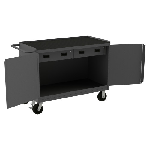 Durham Mfg Heavy-Duty Steel Mobile Bench Cabinet, Black Rubber Mat, 2 Drawer, 2 Doors, 24-1/4"W x 54-1/8"D x 37-3/4"H, Gray, DM-3414-RM-FL-95 (1/Ea)