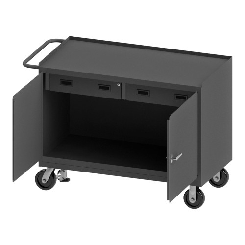 Durham Mfg Heavy-Duty Steel Mobile Bench Cabinet, 2 Drawers, 2 Doors, 24-1/4"W x 54-1/8"D x 37-3/4"H, Gray, DM-3415-FL-95 (1/Ea)