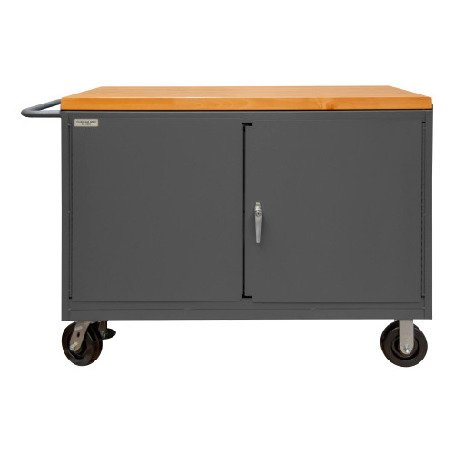 Durham Mfg Heavy-Duty Steel Mobile Bench Cabinet, Maple Top, 2 Drawers, 2 Doors, 24-1/4"W x 54-1/8"D x 38-1/2"H, Gray, DM-3415-MT-FL-95 (1/Ea)