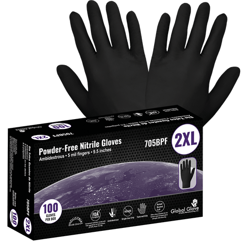 Nitrile, Powder-Free, Industrial-Grade, Black, 5-Mil, Textured Fingertips, 9.5-Inch Disposable Glove Size Small-100 Gloves/Box, 10 Boxes, #705BPF-S