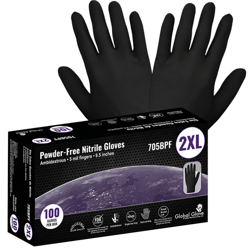 Nitrile, Powder-Free, Industrial-Grade, Black, 5-Mil, Textured Fingertips, 9.5-Inch Disposable Glove Size 2XL-100 Gloves/Box, 10 Boxes, #705BPF-2XL