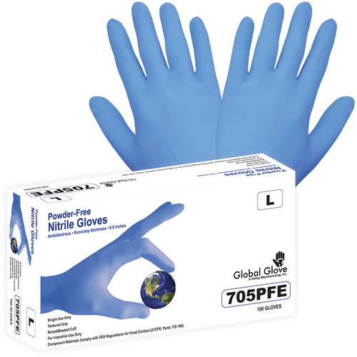 Nitrile, Powder-Free, Industrial-Grade, Economy, Blue, 3.5-Mil, Textured Fingertips, 9.5-Inch Disposable Glove Size Large-100 Gloves/Box, 10 Boxes, #705PFE-L