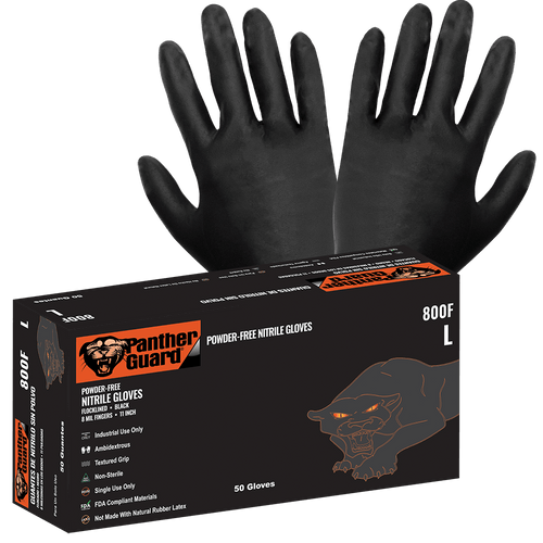 Panther-Guard Heavyweight Nitrile, Powder-Free, Industrial-Grade, Black, 8-Mil, Flock Lined, Textured Fingertips, 11-Inch Disposable Glove Size Extra Large - 50 Gloves/Box, 10 Boxes, #800F-XL