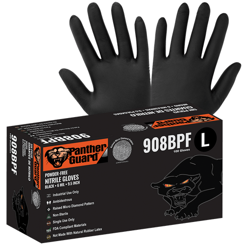 Panther-Guard Heavyweight Nitrile, Powder-Free, Industrial-Grade, Raised Micro-Diamond Pattern, Black, 6-Mil, 9.5-Inch Disposable Glove Size Medium- 100 Gloves/Box, 10 Boxes, #908BPF-M
