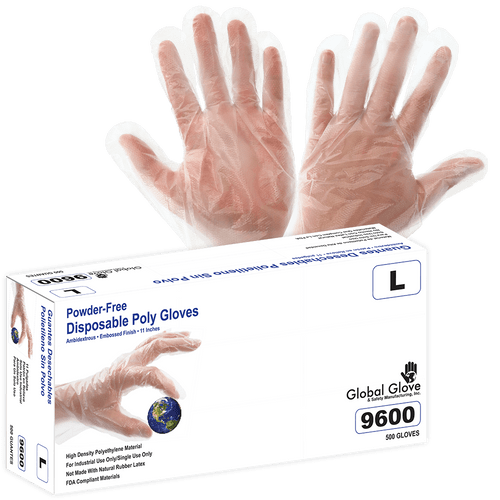 Polyethylene, Powder-Free, Industrial-Grade, Clear, Embossed Finish, 11-inch, Disposable Glove Size Extra Large- 500 Gloves/Box, 10 Boxes, #9600-XL