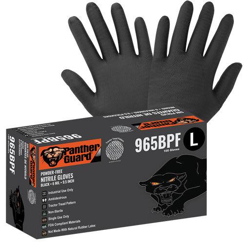 Panther-Guard? Heavyweight Nitrile, Powder-Free, Industrial-Grade, Black, 6-Mil, Tractor Tread Pattern, 9.5-Inch Disposable Glove Size Medium-100 Gloves/Box, 10 Boxes, #965BPF-M