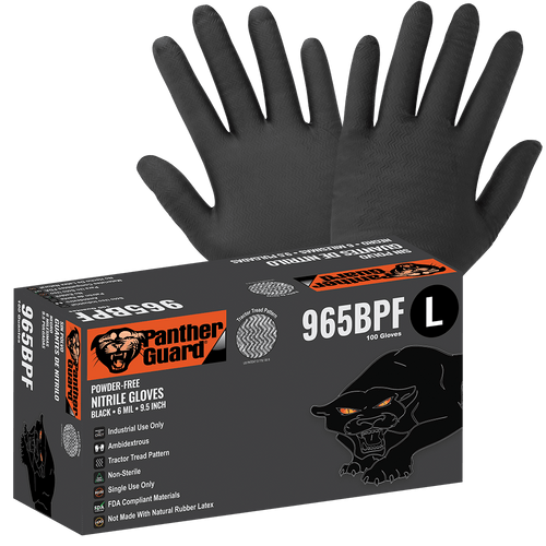 Panther-Guard? Heavyweight Nitrile, Powder-Free, Industrial-Grade, Black, 6-Mil, Tractor Tread Pattern, 9.5-Inch Disposable Glove Size Large-100 Gloves/Box, 10 Boxes, #965BPF-L