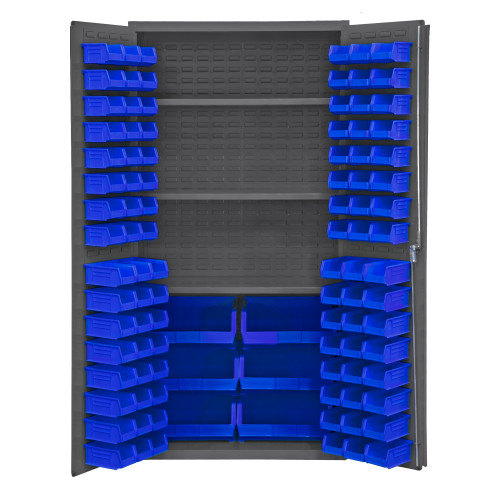 Durham Mfg Heavy-Duty Steel Cabinet, 14 Gauge, 3 Shelves, 102 Blue Bins, 2 Doors, 36"W x 24"D x 72"H, Gray, DM-3501-BDLP-102-3S-5295 (1/Ea)