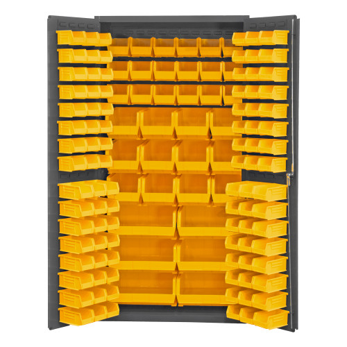 Durham Mfg Heavy-Duty Steel Cabinet, 14 Gauge, 132 Yellow Bins, 2 Doors, 36"W x 24"D x 72"H, Gray, DM-3501-BDLP-132-95 (1/Ea)