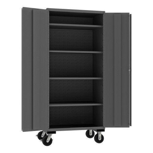 Durham Mfg Heavy-Duty Steel Mobile Cabinet, 14 Gauge, 4 Adjustable Shelves, 2 Doors, 36"W x 24"D x 81"H, Gray, DM-3501M-BLP-4S-95 (1/Ea)