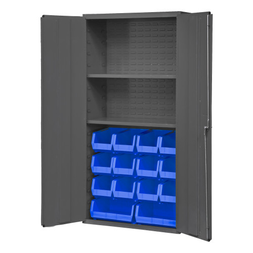 Durham Mfg Heavy-Duty Steel Cabinet, 14 Gauge, 2 Shelves, 14 Blue Bins, 2 Doors, 36"W x 18"D x 72"H, Gray, DM-3602-BLP-14-2S-5295 (1/Ea)