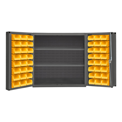 Durham Mfg Heavy-Duty Steel Cabinet, 14 Gauge, 48 Yellow Bins, 2 Adjustable Shelves, 2 Doors, 36"W x 24"D x 36"H, Gray, DM-DC-243636-48-2S-95 (1/Ea)