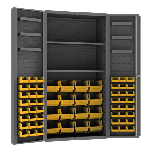 Durham Mfg Heavy-Duty Steel Cabinet, 14 Gauge, 6 Door Trays, 64 Yellow Bins, 4 Adjustable Shelves, 2 Doors, 36"W x 24"D x 72"H, Gray, DM-DC36-642S6DS-95 (1/Ea)