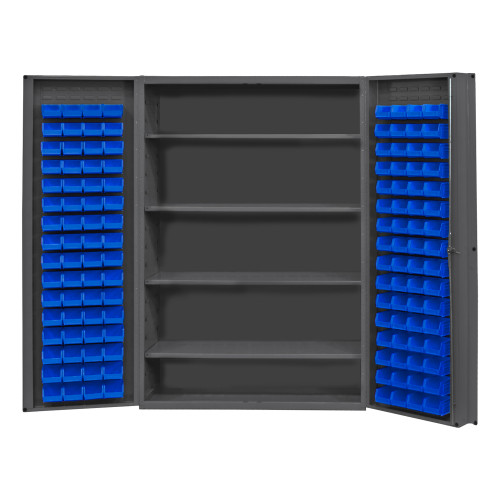 Durham Mfg Heavy-Duty Steel Cabinet, 14 Gauge, 128 Blue Bins, 4 Adjustable Shelves, 2 Doors, 48"W x 24"D x 72"H, Gray, DM-DC48-128-4S-5295 (1/Ea)