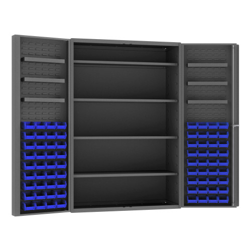 Durham Mfg Heavy-Duty Steel Cabinet, 14 Gauge, 72 Blue Bins, 6 Door Trays, 4 Adjustable Shelves, 2 Doors, 48"W x 24"D x 72"H, Gray, DM-DC48-724S6DS-5295 (1/Ea) Durham Mfg Heavy-Duty Steel Cabinet, 14 Gauge, 72 Blue Bins, 6 Door Trays, 4 Adjustable Shelves, 2 Doors, 48"W x 24"D x 72"H, Gray, DM-DC48-724S6DS-5295 (1/Ea)