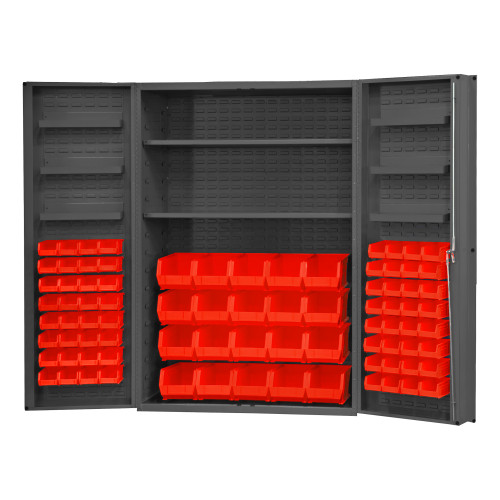 Durham Mfg Heavy-Duty Steel Cabinet, 14 Gauge, 84 Red Bins, 6 Door Trays, 2 Adjustable Shelves, 2 Doors, 48"W x 24"D x 72"H, Gray, DM-DC48-842S6DS-1795 (1/Ea) Durham Mfg Heavy-Duty Steel Cabinet, 14 Gauge, 84 Red Bins, 6 Door Trays, 2 Adjustable Shelves, 2 Doors, 48"W x 24"D x 72"H, Gray, DM-DC48-842S6DS-1795 (1/Ea)