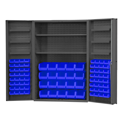 Durham Mfg Heavy-Duty Steel Cabinet, 14 Gauge, 84 Blue Bins, 6 Door Trays, 2 Adjustable Shelves, 2 Doors, 48"W x 24"D x 72"H, Gray, DM-DC48-842S6DS-5295 (1/Ea)