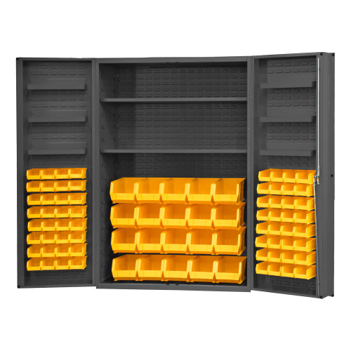 Durham Mfg Heavy-Duty Steel Cabinet, 14 Gauge, 84 Yellow Bins, 6 Door Trays, 2 Adjustable Shelves, 2 Doors, 48"W x 24"D x 72"H, Gray, DM-DC48-842S6DS-95 (1/Ea) Durham Mfg Heavy-Duty Steel Cabinet, 14 Gauge, 84 Yellow Bins, 6 Door Trays, 2 Adjustable Shelves, 2 Doors, 48"W x 24"D x 72"H, Gray, DM-DC48-842S6DS-95 (1/Ea)