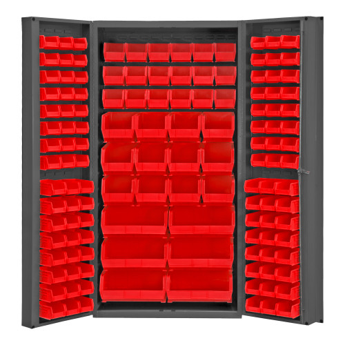 Durham Mfg Heavy-Duty Steel Cabinet, 14 Gauge, 132 Red Bins, 2 Doors, 36"W x 24"D x 72"H, Gray, DM-DC-BDLP-132-1795 (1/Ea) Durham Mfg Heavy-Duty Steel Cabinet, 14 Gauge, 132 Red Bins, 2 Doors, 36"W x 24"D x 72"H, Gray, DM-DC-BDLP-132-1795 (1/Ea)