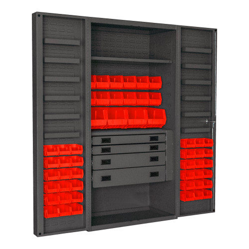 Durham Mfg Heavy-Duty Steel Cabinet, 14 Gauge, 4 Drawers, 52 Red Bins, 12 Door Trays, 1 Adjustable Shelf, 2 Doors, 36"W x 24"D x 72"H, Gray, DM-DCBDLP524RDR-1795 (1/Ea)