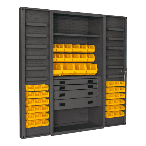 Durham Mfg Heavy-Duty Steel Cabinet, 14 Gauge, 4 Drawers, 52 Yellow Bins, 12 Door Trays, 1 Adjustable Shelf, 2 Doors, 36"W x 24"D x 72"H, Gray, DM-DCBDLP524RDR-95 (1/Ea)