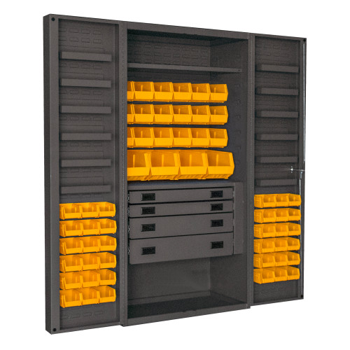 Durham Mfg Heavy-Duty Steel Cabinet, 14 Gauge, 4 Drawers, 58 Yellow Bins, 12 Door Trays, 1 Adjustable Shelf, 2 Doors, 36"W x 24"D x 72"H, Gray, DM-DCBDLP584RDR-95 (1/Ea)