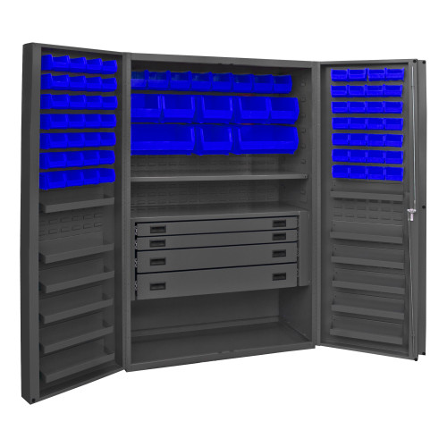 Durham Mfg Heavy-Duty Steel Cabinet, 14 Gauge, 4 Drawers, 72 Blue Bins, 12 Door Trays, 1 Adjustable Shelf, 2 Doors, 48"W x 24"D x 72"H, Gray, DM-DCBDLP724RDR-5295 (1/Ea) Durham Mfg Heavy-Duty Steel Cabinet, 14 Gauge, 4 Drawers, 72 Blue Bins, 12 Door Trays, 1 Adjustable Shelf, 2 Doors, 48"W x 24"D x 72"H, Gray, DM-DCBDLP724RDR-5295 (1/Ea)