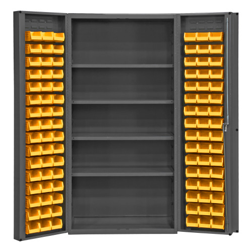 Durham Mfg Heavy-Duty Steel Cabinet, 14 Gauge, 96 Yellow Bins, 4 Adjustable Shelves, 2 Doors, 36"W x 24"D x 72"H, Gray, DM-DC-DLP-96-4S-95 (1/Ea)