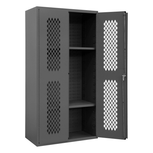 Durham Mfg Heavy-Duty Steel Ventilated Cabinet, 14 Gauge, 2 Adjustable Shelves, 2 Doors, 36-1/8"W x 18"D x 72"H, Gray, DM-EMDC-361872-2S-95 (1/Ea) Durham Mfg Heavy-Duty Steel Ventilated Cabinet, 14 Gauge, 2 Adjustable Shelves, 2 Doors, 36-1/8"W x 18"D x 72"H, Gray, DM-EMDC-361872-2S-95 (1/Ea)