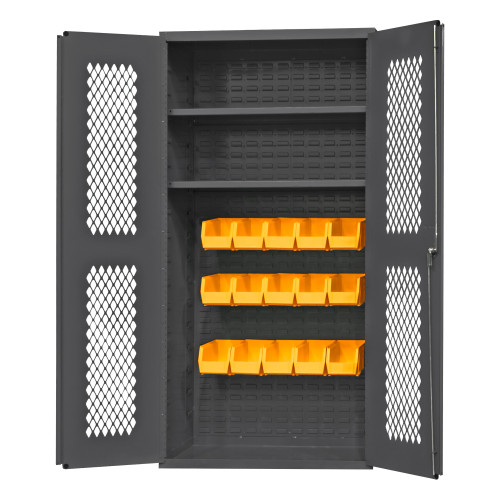 Durham Mfg Heavy-Duty Steel Ventilated Cabinet, 14 Gauge, 15 Yellow Bins, 2 Adjustable Shelves, 2 Doors, 36"W x 24"D x 72"H, Gray, DM-EMDC36242S15B95 (1/Ea)