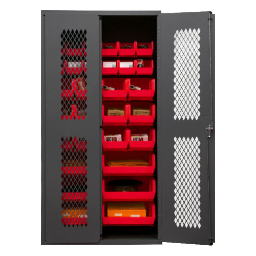 Durham Mfg Heavy-Duty Steel Ventilated Cabinet, 14 Gauge, 30 Red Bins, 2 Doors, 36"W x 24"D x 72"H, Gray, DM-EMDC-362472-30B-1795 (1/Ea)