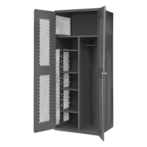 Durham Mfg Heavy-Duty Steel Ventilated Janitorial Cabinet, 14 Gauge, 5 Fixed Shelves, 2 Doors, 36"W x 24"D x 84"H, Gray, DM-EMDC-362484-HDL-95 (1/Ea) Durham Mfg Heavy-Duty Steel Ventilated Janitorial Cabinet, 14 Gauge, 5 Fixed Shelves, 2 Doors, 36"W x 24"D x 84"H, Gray, DM-EMDC-362484-HDL-95 (1/Ea)