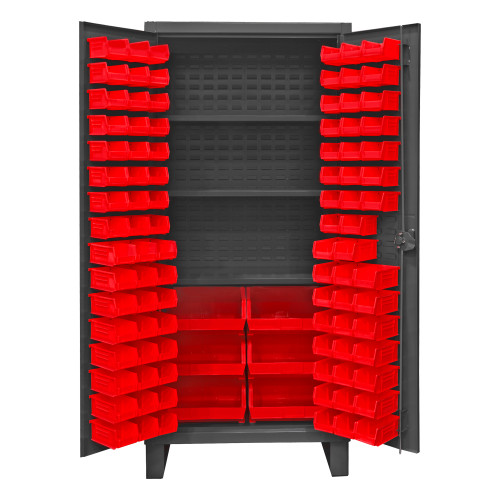 Durham Mfg Heavy-Duty Steel Cabinet, 12 Gauge, 102 Red Bins, 3 Adjustable Shelves, 2 Doors, 36"W x 24"D x 78"H, Gray, DM-HDC36-102-3S1795 (1/Ea)