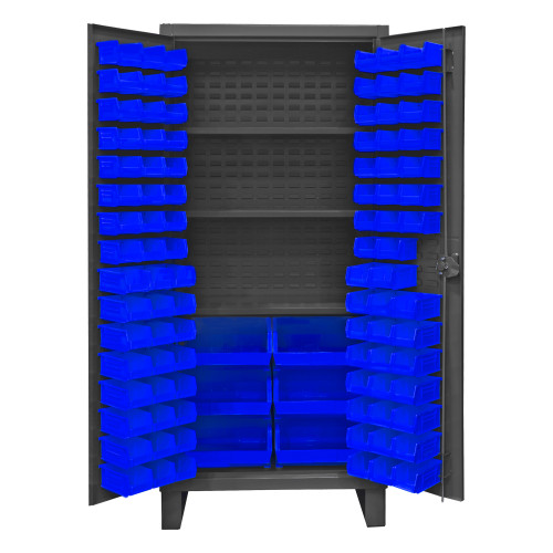 Durham Mfg Heavy-Duty Steel Cabinet, 12 Gauge, 102 Blue Bins, 3 Adjustable Shelves, 2 Doors, 36"W x 24"D x 78"H, Gray, DM-HDC36-102-3S5295 (1/Ea)