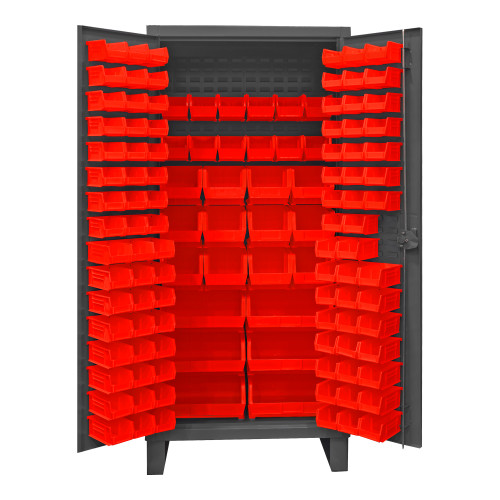 Durham Mfg Heavy-Duty Steel Cabinet, 12 Gauge, 126 Red Bins, 2 Doors, 36"W x 24"D x 78"H, Gray, DM-HDC36-126-1795 (1/Ea)