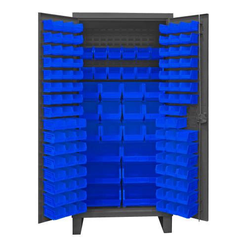 Durham Mfg Heavy-Duty Steel Cabinet, 12 Gauge, 126 Blue Bins, 2 Doors, 36"W x 24"D x 78"H, Gray, DM-HDC36-126-5295 (1/Ea)