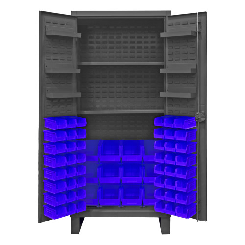 Durham Mfg Heavy-Duty Steel Cabinet, 12 Gauge, 60 Blue Bins, 6 Door Shelves, 2 Adjustable Shelves, 2 Doors, 36"W x 24"D x 78"H, Gray, DM-HDC36-60-2S6D5295 (1/Ea)