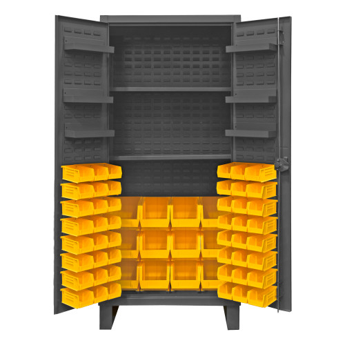 Durham Mfg Heavy-Duty Steel Cabinet, 12 Gauge, 60 Yellow Bins, 6 Door Shelves, 2 Adjustable Shelves, 2 Doors, 36"W x 24"D x 78"H, Gray, DM-HDC36-60-2S6D95 (1/Ea)