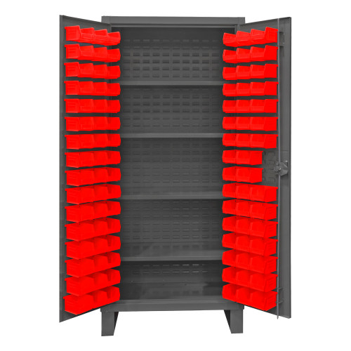 Durham Mfg Heavy-Duty Steel Cabinet, 12 Gauge, 96 Red Bins, 4 Adjustable Shelves, 2 Doors, 36"W x 24"D x 78"H, Gray, DM-HDC36-108-3S1795 (1/Ea)
