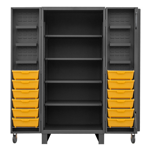 Durham Mfg Heavy-Duty Steel Cabinet, 12 Gauge, 6 Door Trays, 12 Yellow Tilt Bins, 6 Door Shelves, 4 Adjustable Shelves, 2 Doors, 36"W x 36"D x 78"H, Gray, DM-HDC36-DC12TB4S95 (1/Ea) Durham Mfg Heavy-Duty Steel Cabinet, 12 Gauge, 6 Door Trays, 12 Yellow Tilt Bins, 6 Door Shelves, 4 Adjustable Shelves, 2 Doors, 36"W x 36"D x 78"H, Gray, DM-HDC36-DC12TB4S95 (1/Ea)