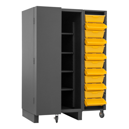 Durham Mfg Heavy-Duty Steel Cabinet, 12 Gauge, 6 Door Trays, 24 Yellow Tilt Bins, 6 Door Shelves, 4 Adjustable Shelves, 2 Doors, 36"W x 36"D x 78"H, Gray, DM-HDC36-DC24TB4S95 (1/Ea)