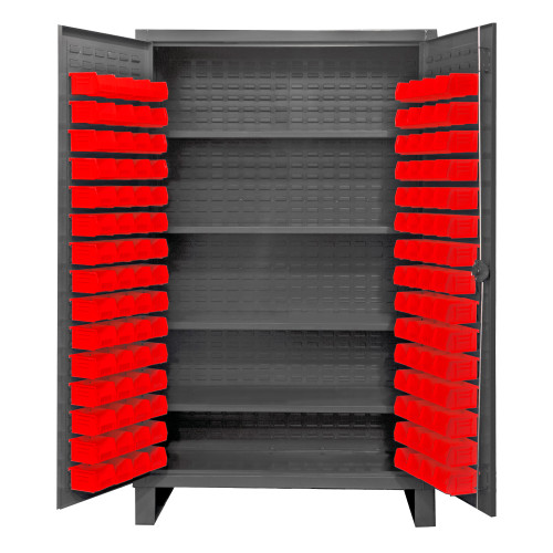 Durham Mfg Heavy-Duty Steel Cabinet, 12 Gauge, 120 Red Bins, 4 Adjustable Shelves, 2 Doors, 48"W x 24"D x 78"H, Gray, DM-HDC48-120-4S1795 (1/Ea)