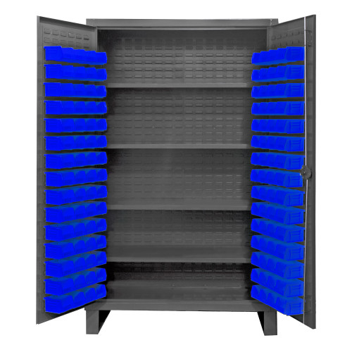 Durham Mfg Heavy-Duty Steel Cabinet, 12 Gauge, 120 Blue Bins, 4 Adjustable Shelves, 2 Doors, 48"W x 24"D x 78"H, Gray, DM-HDC48-120-4S5295 (1/Ea)