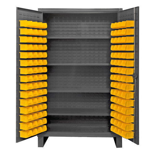 Durham Mfg Heavy-Duty Steel Cabinet, 12 Gauge, 120 Yellow Bins, 4 Adjustable Shelves, 2 Doors, 48"W x 24"D x 78"H, Gray, DM-HDC48-120-4S95 (1/Ea)